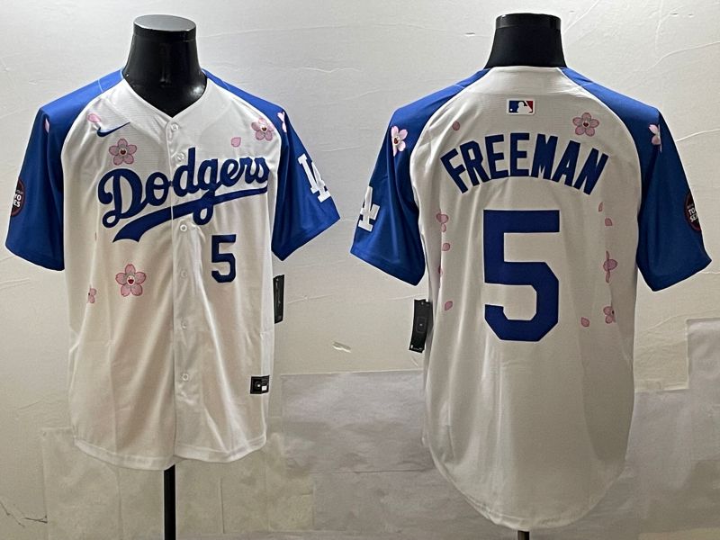 Men Los Angeles Dodgers 5 Freeman White Blue Sakura Edition 2025 Nike MLB Jersey style 8